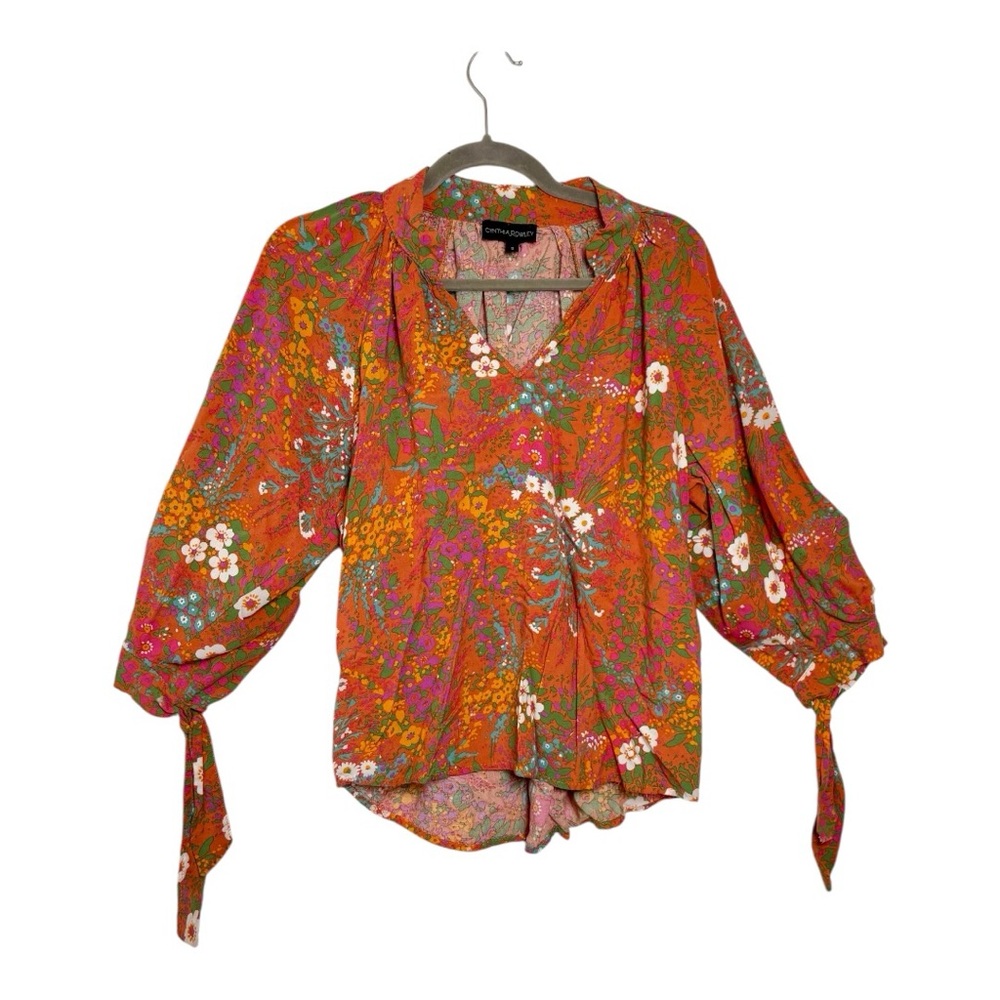 Cynthia Rowley Orange Floral Boho 70s Revival Blouse Small
